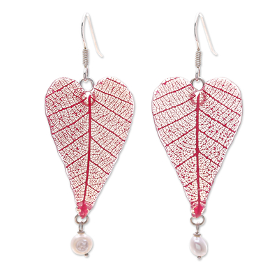 Cultured Pearl and Natural Leaf Dangle Earrings in Red