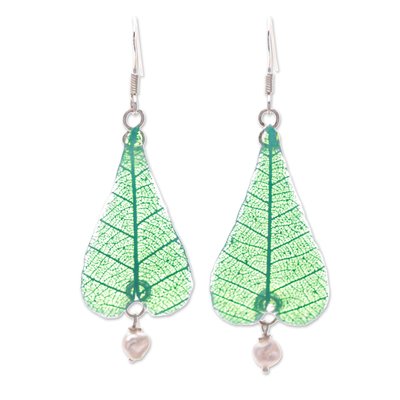Cultured Pearl and Natural Leaf Dangle Earrings in Green