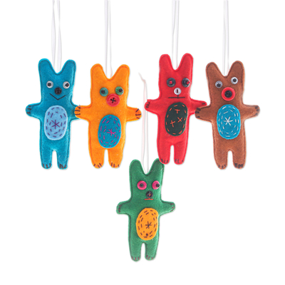 Set of 5 Handcrafted Bear Felt Ornaments in Colorful Hues