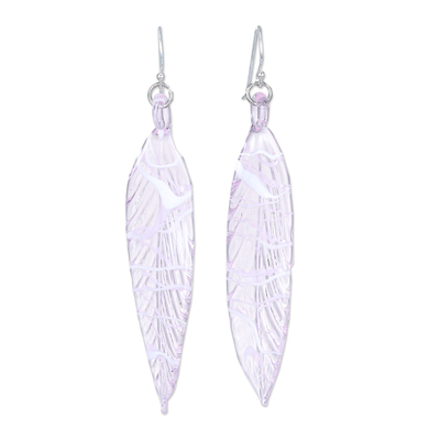 Handblown Leaf-Shaped Pink Glass Dangle Earrings