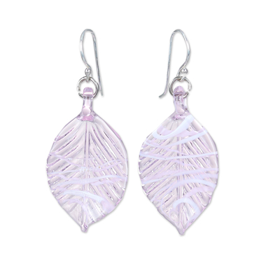 Handblown Leafy Pink and White Glass Dangle Earrings
