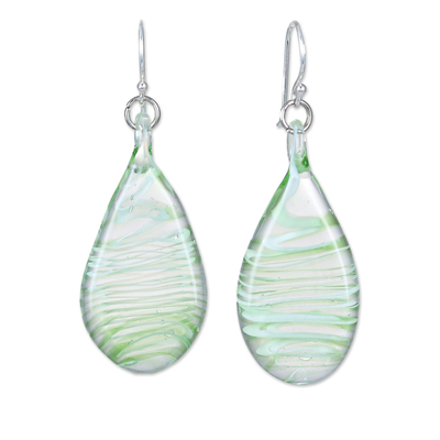 Handblown Glass Dangle Earrings with Green & White Spirals
