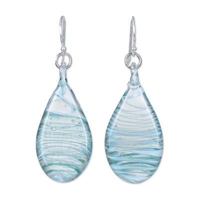 Handblown Glass Dangle Earrings with Blue & White Spirals