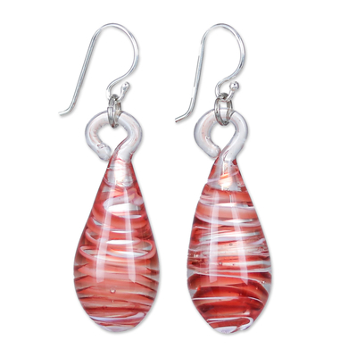 Handblown Glass Dangle Earrings with Red and White Spirals