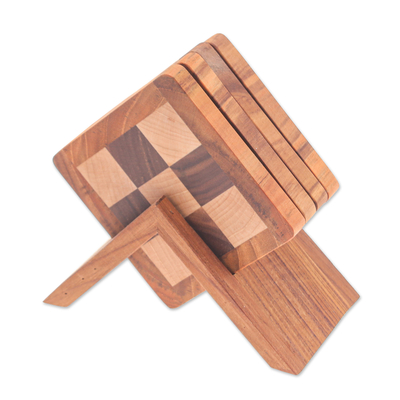 Set of 4 Hand-Carved Checkered Wood Coasters with Stand