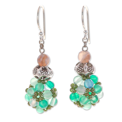 Green Chalcedony and Agate Cluster Beaded Dangle Earrings