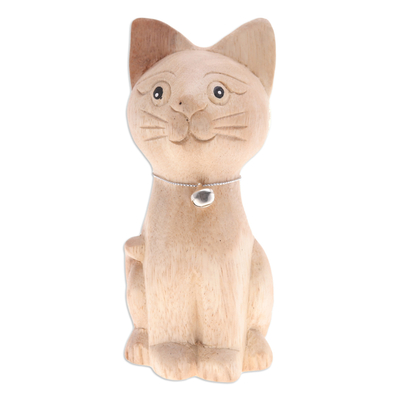 Hand-Carved Raintree Wood Cat Figurine with Aluminum Bell