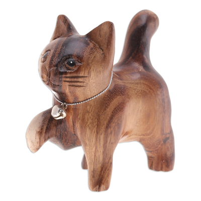 Hand-Carved Raintree Wood Happy Cat Figurine with Bell