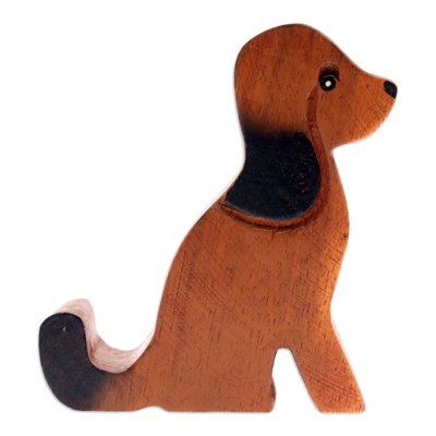 Hand-Carved Brown and Black Dog Raintree Wood Phone Holder