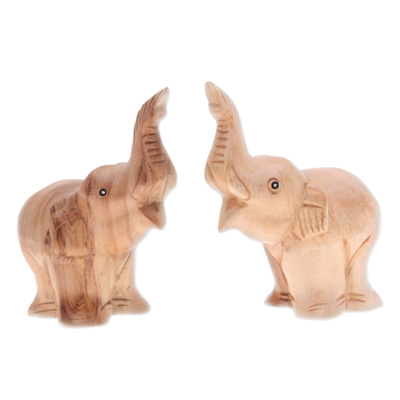 Set of 2 Hand-Carved Elephant Raintree Wood Sculptures
