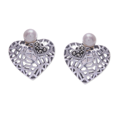 Heart-Shaped Cultured Pearl and Marcasite Button Earrings