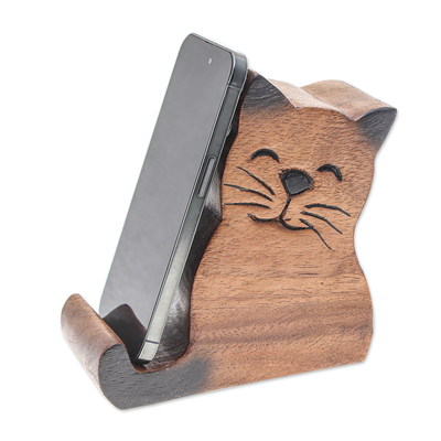 Cat-Themed Hand-Carved Raintree Wood Phone Holder