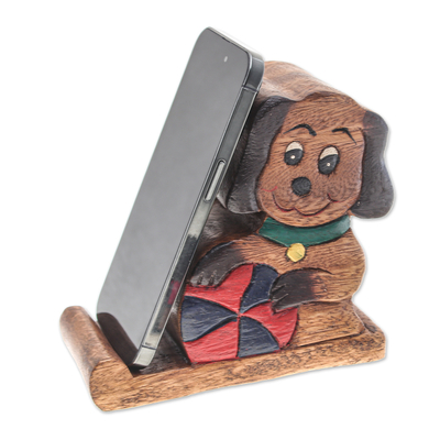 Dog-Themed Painted Hand-Carved Raintree Wood Phone Holder