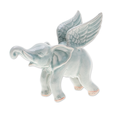 Crackled-Finished Celadon Ceramic Winged Elephant Figurine