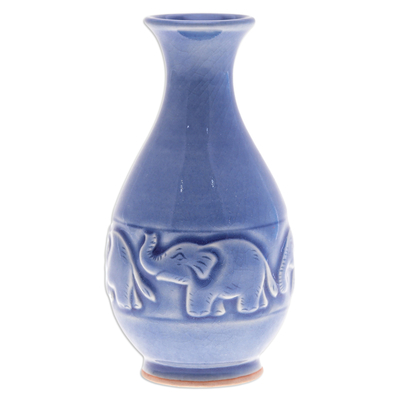 Celadon Ceramic Elephant Vase in Blue Handmade in Thailand