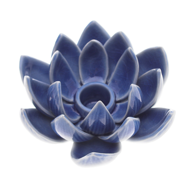 Blue Celadon Ceramic Candle Holder with Lotus Flower Motif