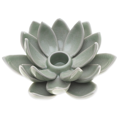 Green Celadon Ceramic Candle Holder with Lotus Flower Motif