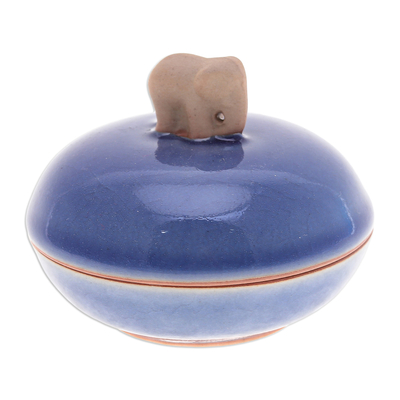 Blue Handmade Celadon Ceramic Elephant-Themed Decorative Jar