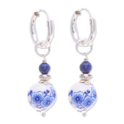 Traditional Floral Lapis Lazuli and Ceramic Dangle Earrings