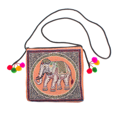 Handmade Cotton Blend Elephant-Themed Sling Bag with Pompoms