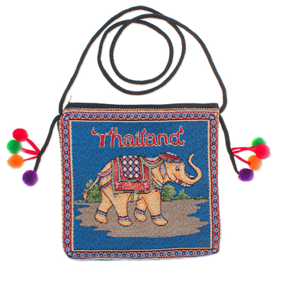 Cotton Blend Elephant-Themed Sling Bag in Blue with Pompoms