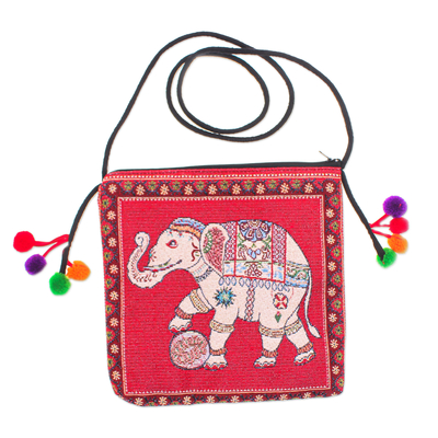 Cotton Blend Elephant-Themed Sling Bag in Red with Pompoms