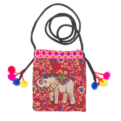 Cotton Blend Elephant & Floral Themed Sling Bag with Pompoms