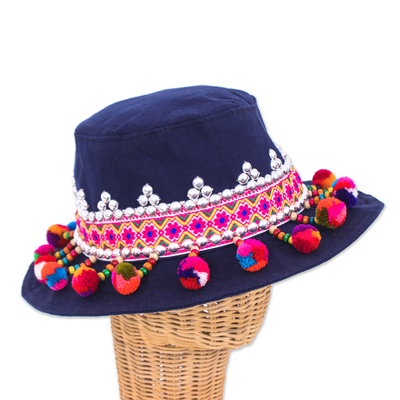 Hill Tribe-Themed Floral Embellished Navy Cotton Hat