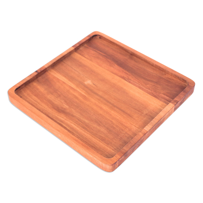 Hand-Carved Square Longan Wood Tray in a Natural Brown