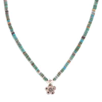 Floral Reconstitued Turquoise Silver Pendant Necklace