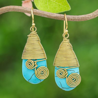 Polished Brass Dangle Earrings with Light Blue Magnesite