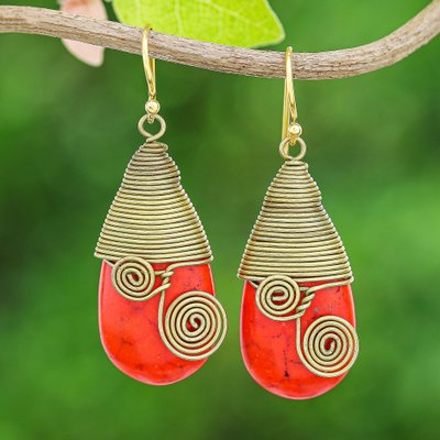 Polished Brass Dangle Earrings with Orange Magnesite Jewels