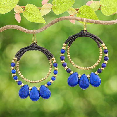Brass and Dark Blue Magnesite Beaded Dangle Earrings
