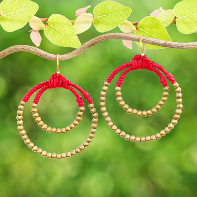 Polished Brass Beaded Dangle Earrings in Red