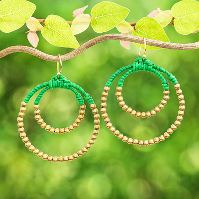 Polished Brass Beaded Dangle Earrings in Green