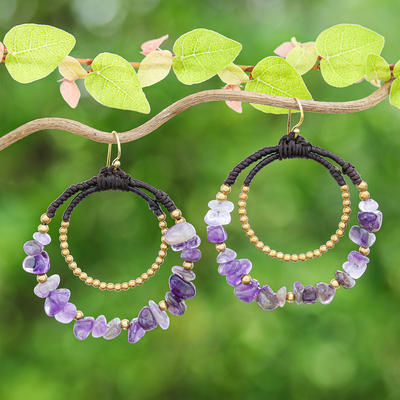 Polished Brass and Amethyst Beaded Dangle Earrings