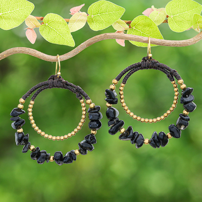 Polished Brass and Black Magnesite Beaded Dangle Earrings