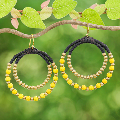 Yellow Magnesite & Brass Beaded Double Hoop Dangle Earrings