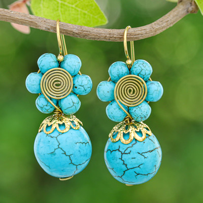 Magnesite Beaded Floral Dangle Earrings with Brass Spirals