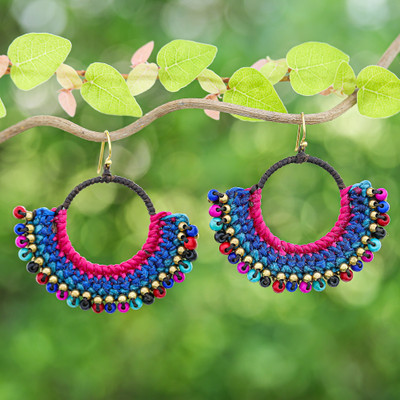 Blue Macrame Dangle Earrings with Colorful Magnesite Beads