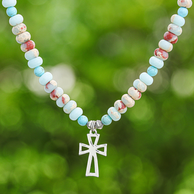 Jasper and Variscite Beaded Necklace with Cross Pendant