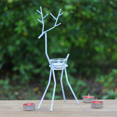 Handcrafted Iron Reindeer Tealight Holder in White and Blue