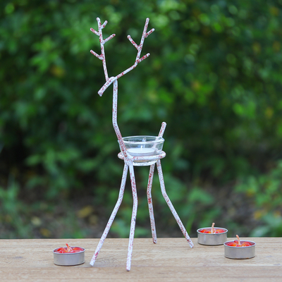 Handcrafted Iron Reindeer Tealight Holder in White and Red