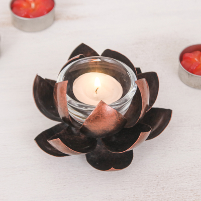 Handcrafted Copper-Hued Lotus Flower Steel Tealight Holder