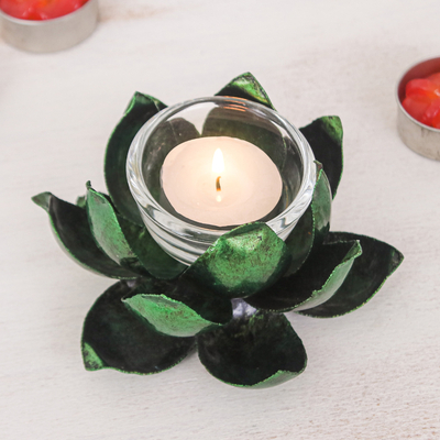 Handcrafted Steel Lotus Flower Tealight Holder in Green
