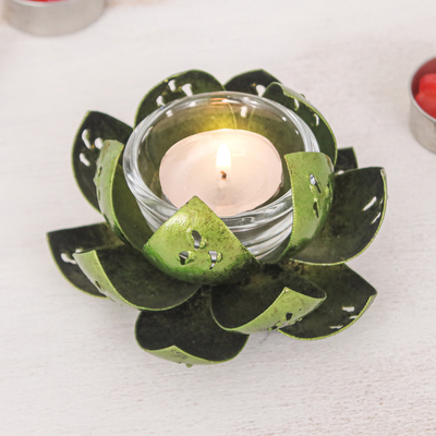 Handcrafted Light Green Steel Lotus Flower Tealight Holder