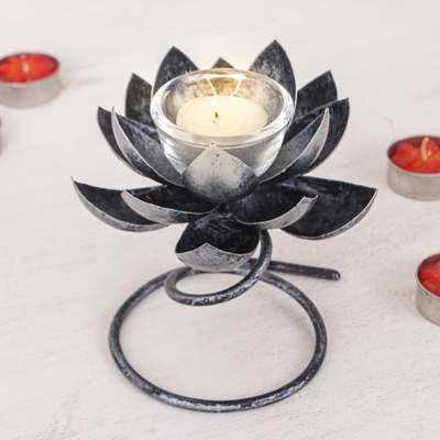 Steel & Iron Lotus Flower Tealight Holder in Silver & Black