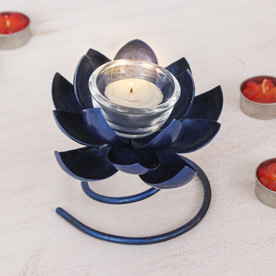 Handmade Steel & Iron Lotus Flower Tealight Holder in Blue