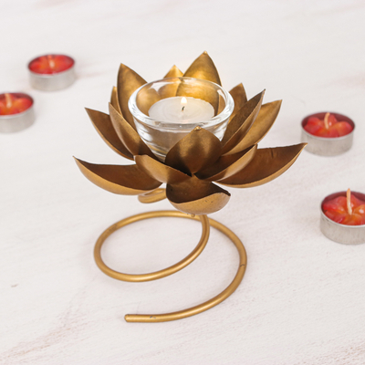 Handmade Steel & Iron Lotus Flower Tealight Holder in Gold