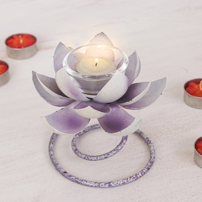 Handmade Steel & Iron Lotus Flower Tealight Holder in Purple